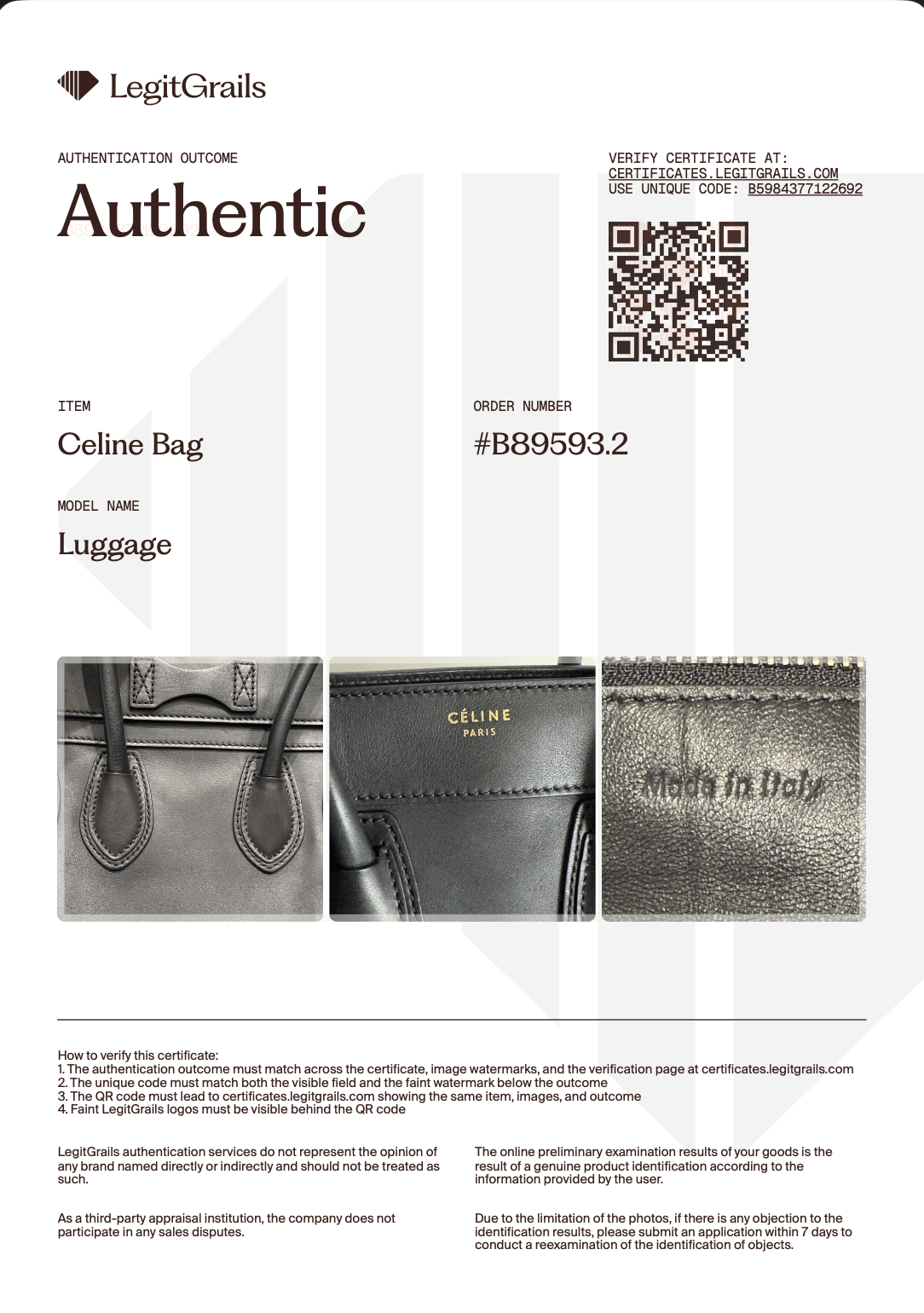 Сертификат подлинности LegitGrails: Celine Luggage, Authentic